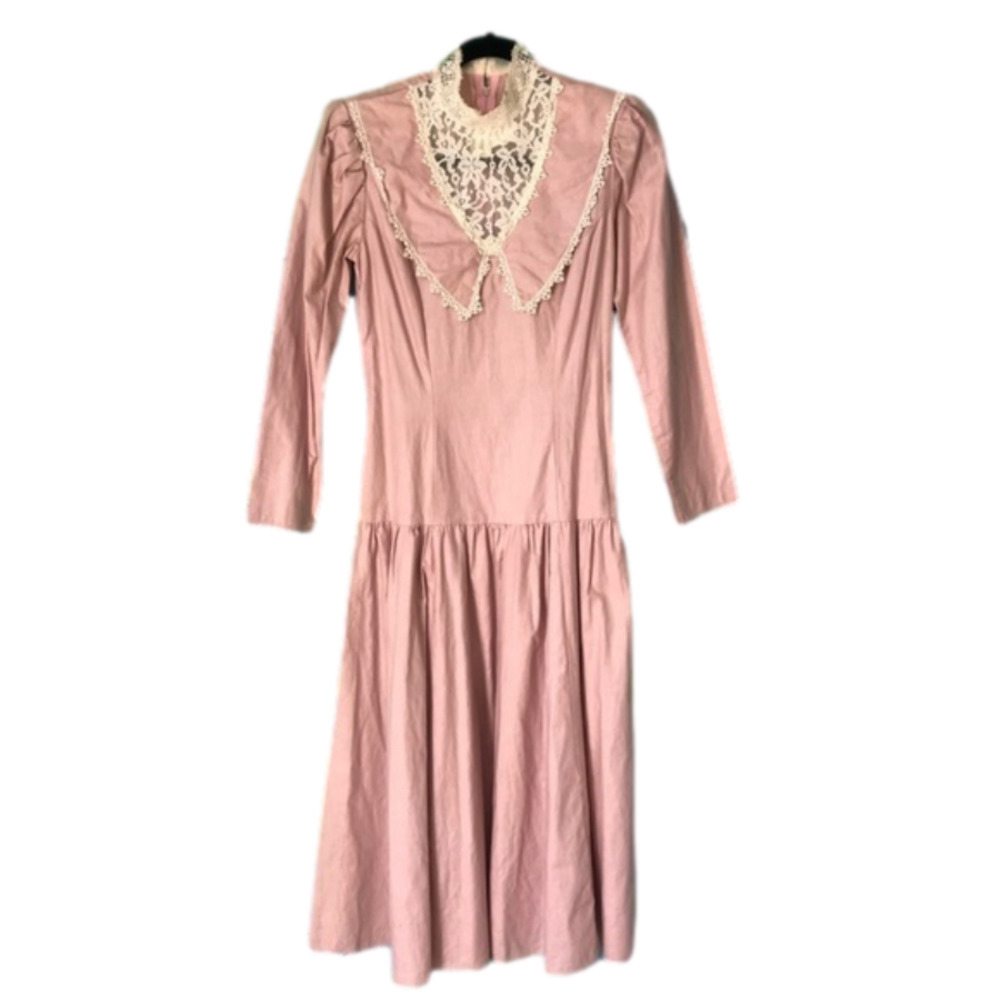 Gunne SAX Dusty Rose Pink Tiered Victorian Vintage frilly lace collar dress gown